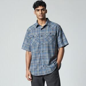 Outdoor Research Shirt Men Medium Blue Plaid Growler Short Sleeve Hiking Button